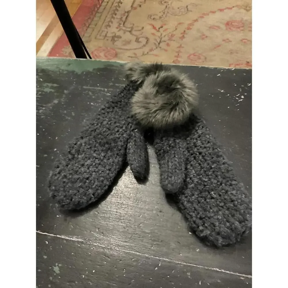 Mark and Graham wool blend Grey Knit Mittens with Faux Fur Trim